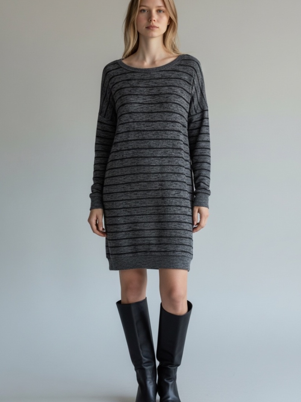 Sparkle & Fade Striped Light Knit Sweater Dress Size Medium Grey Black
